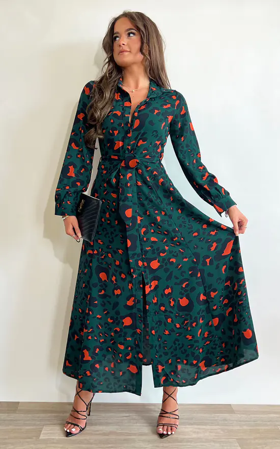 Brielle Long Sleeve Shirt Maxi Dress Emerald/Orange Leopard - Image 3
