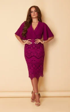 Aubree Purple Pleated Chiffon And Lace Dress