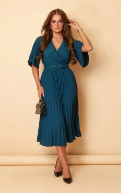 Felicia Teal Pleated Detail Midi Dress