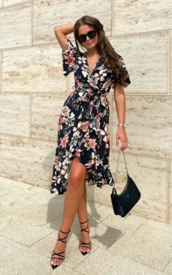 Louisa Black Floral Split Hem Frill Detail Midi Dress