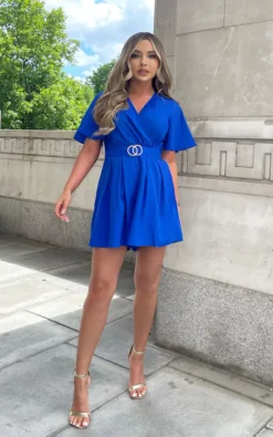 Alice Angel Sleeves Gold Buckle Playsuit Cobalt