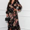 Thea Black Floral Long Sleeve Wrap Midaxi Dress