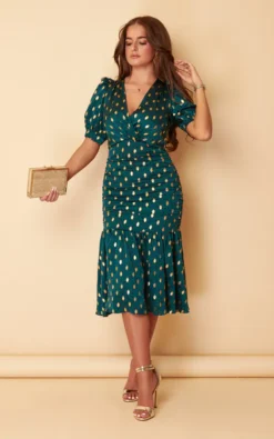 Nylah Emerald With Gold Foil Puff Sleeve Ruching Detail Midi Dress