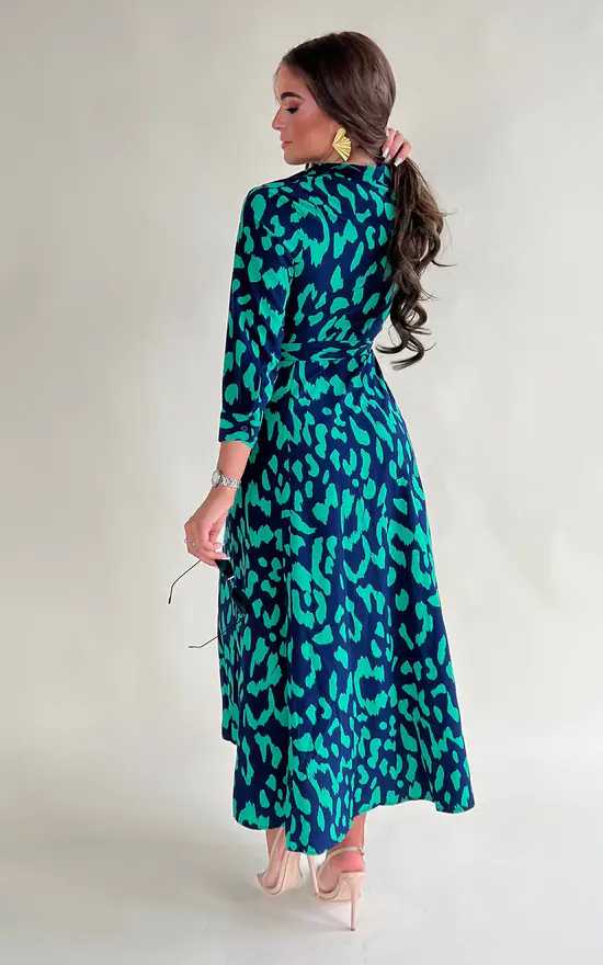 Brielle Navy & Green Leopard Print Long Sleeve Shirt Maxi Dress - Image 4