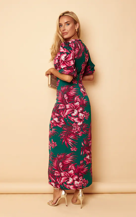 Lucy Pink & Green Floral High Neck Ruched Midi Dress - Image 4