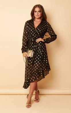 Tanya Black & Gold Foil Asymmetric Midi Dress