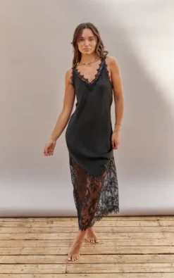 Satin V Neck Slip Dress With Lace Detail In Black