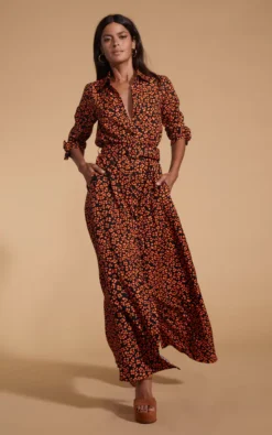 Dove Dress In Orange On Black Leopard