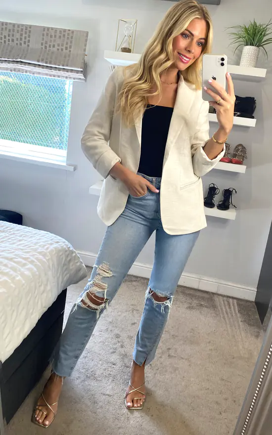 Anastasia Dark Beige Rib 3/4 Sleeve Roll Cuff Blazer