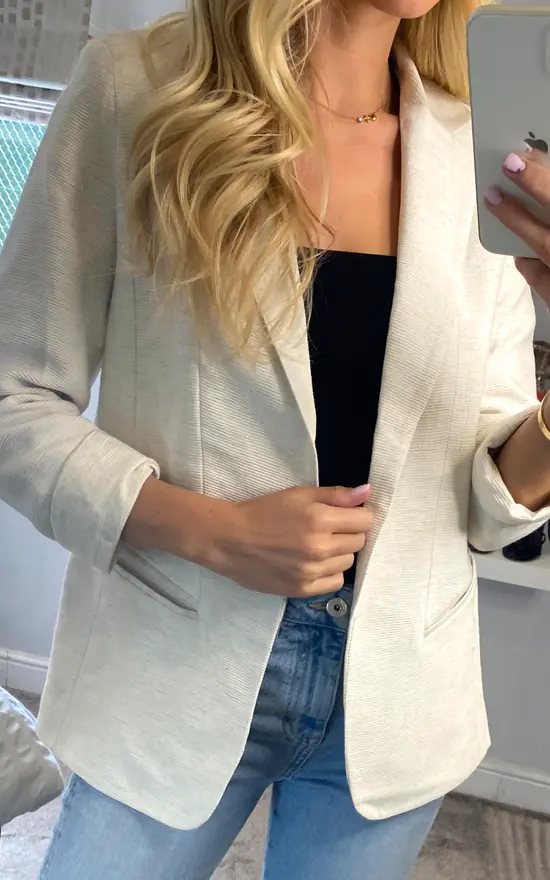 Anastasia Dark Beige Rib 3/4 Sleeve Roll Cuff Blazer - Image 2