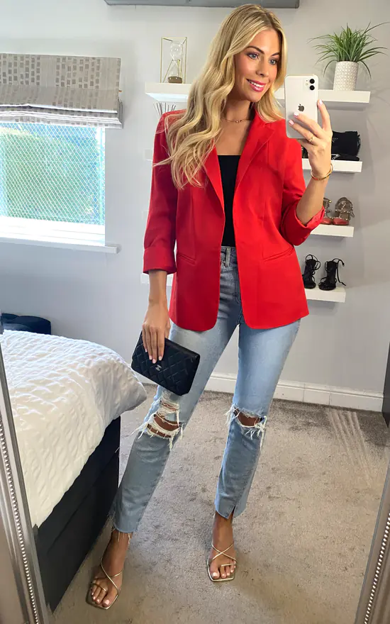 Anastasia Red 3/4 Sleeve Roll Cuff Blazer - Image 2