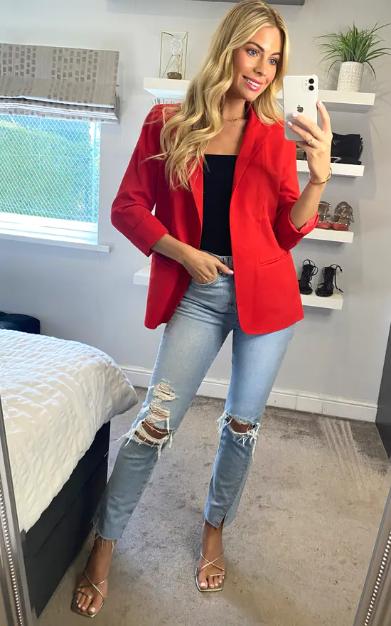 Anastasia Red 3/4 Sleeve Roll Cuff Blazer - Image 3