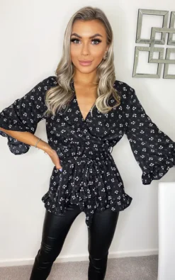 AX Paris Black Ditsy Floral And Spot Wrap Top