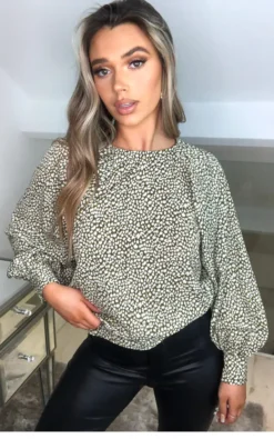 AX Paris Olive Printed Balloon Sleeve Top