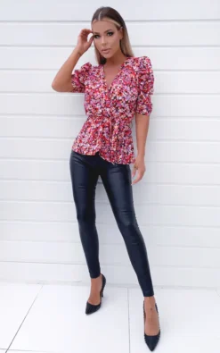 AX Paris Red Abstract Short Ruffle Sleeve Wrap Top