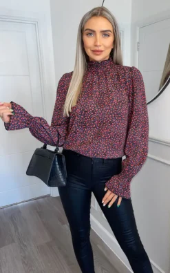 AX Paris Black And Red Floral Print High Neck Elasticated Top