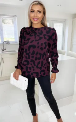 AX Paris Plum And Black Animal Print Long Sleeve Top