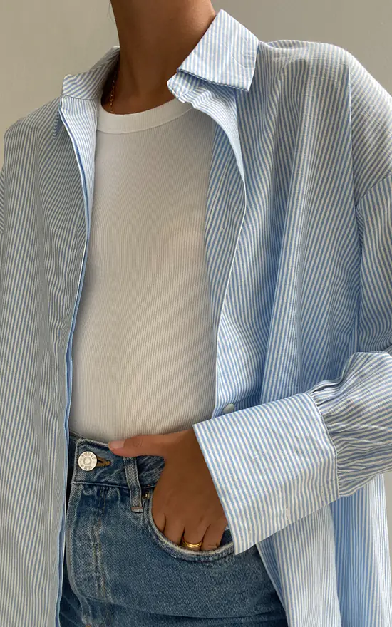 Long Sleeved Oversized Shirt In Blue And White Stripe - Image 4
