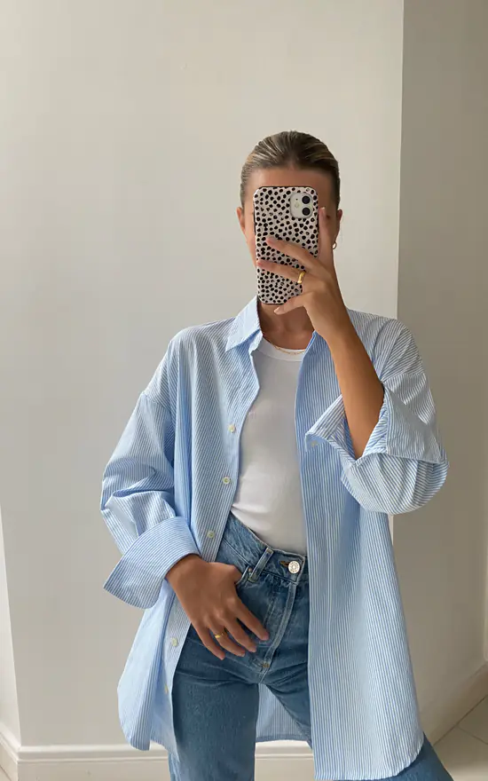 Long Sleeved Oversized Shirt In Blue And White Stripe