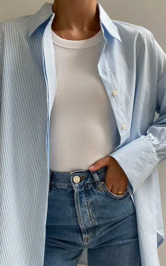 Long Sleeved Oversized Shirt In Blue And White Stripe - Image 2