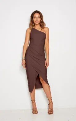 Brown One Shoulder Wrap Bodycon