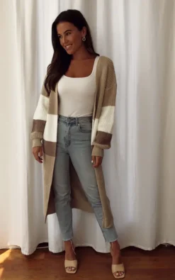 Cara Panelled Longline Cardigan Beige