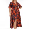 Plus Size Orange/Navy Floral Print Plunge Neck Maxi Wrap Dress