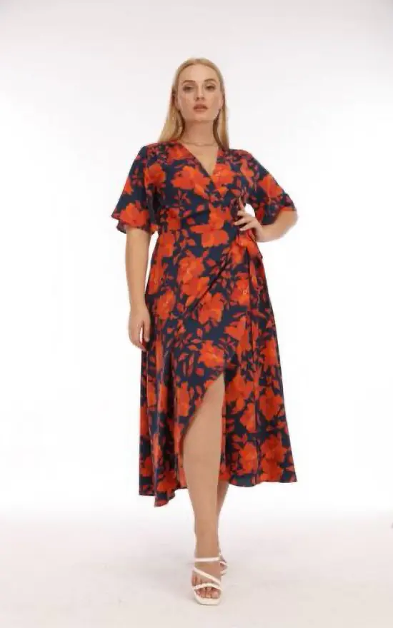 Plus Size Orange/Navy Floral Print Plunge Neck Maxi Wrap Dress