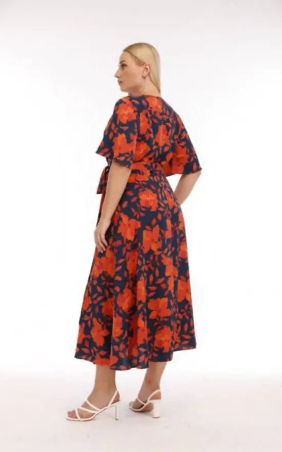 Plus Size Orange/Navy Floral Print Plunge Neck Maxi Wrap Dress - Image 3