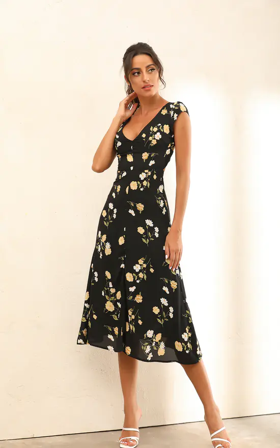 Floral Print Cap Sleeve Split Midi Dress In Black