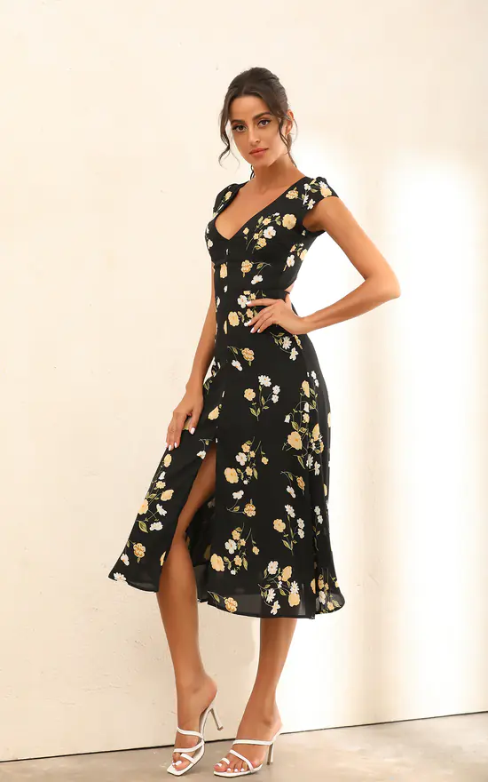 Floral Print Cap Sleeve Split Midi Dress In Black - Image 3