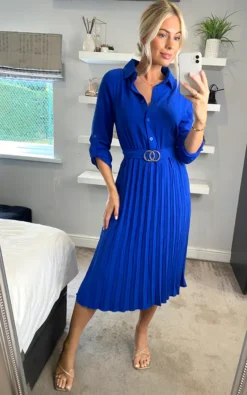 Mela Pleated Skirt Midi Dress With Gold Buckle In Blue