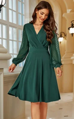 Long Lace Sleeve Wrap Style Dress In Green