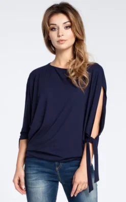 Navy Blue Blouse With Open Shoulder And Tie Short Kimono Sleeve