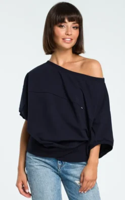 Navy Blue Oversized Cold Shoulder Blouse