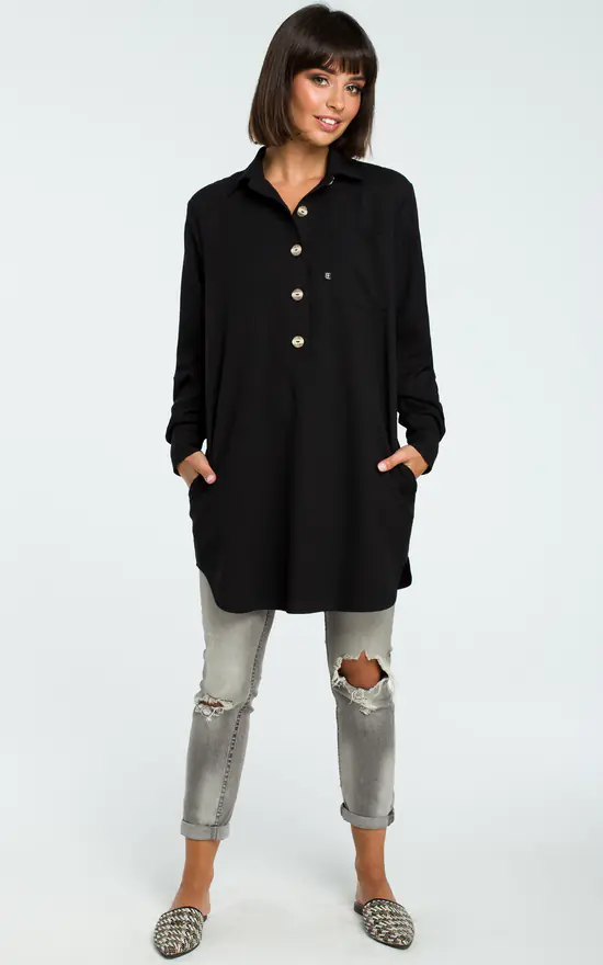Black Loose Shirt Tunic With Buttons
