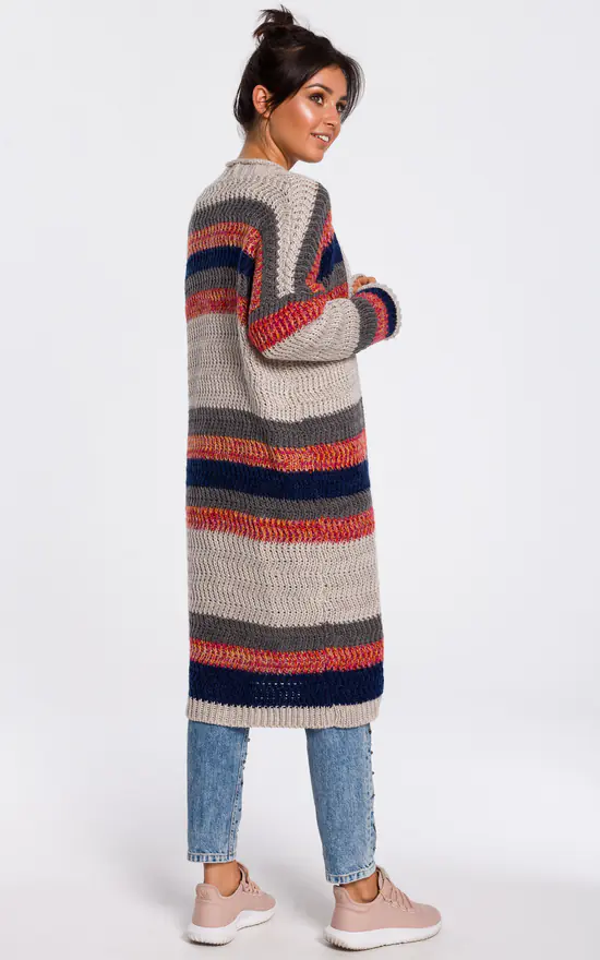 Long Open Front Cardigan In Beige Multi Stripe - Image 2