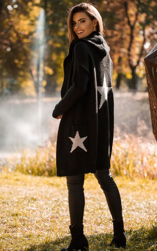 Hooded Star Longline Cardigan Black Silver - Image 2