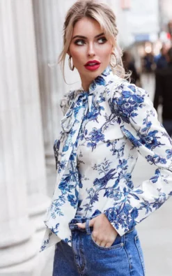 Pussybow Blouse In Blue Orchid Print