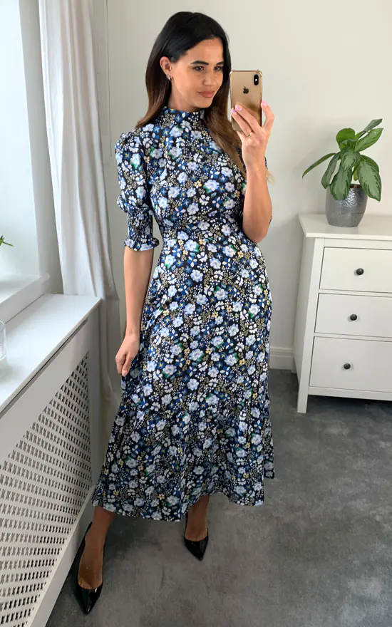 High Neck Floral Print With 3/4 Smock Sleeves Tiered Dress In Navy/Black - Image 2