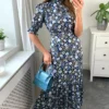 High Neck Floral Print With 3/4 Smock Sleeves Tiered Dress In Navy/Black