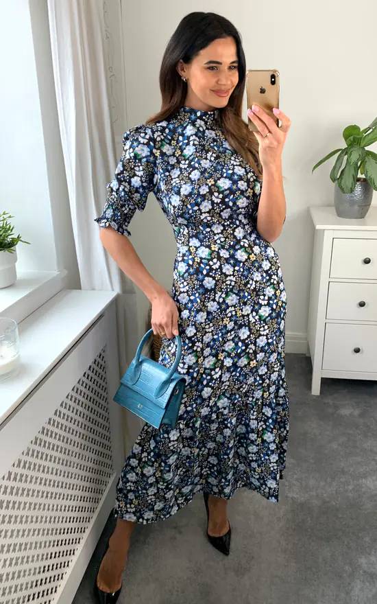 High Neck Floral Print With 3/4 Smock Sleeves Tiered Dress In Navy/Black