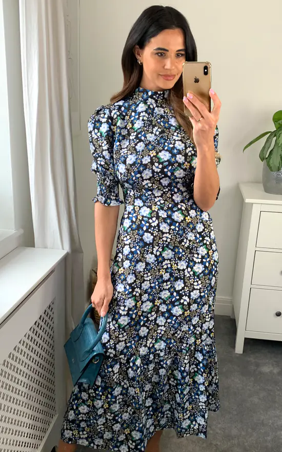 High Neck Floral Print With 3/4 Smock Sleeves Tiered Dress In Navy/Black - Image 3