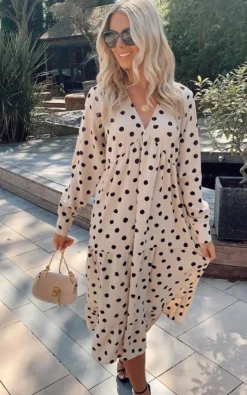 Dotty Day Dress Beige Polka Dot