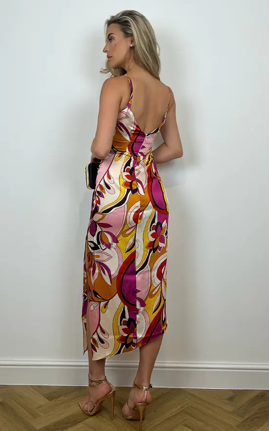 Vesper Harper Orange Retro Print Strappy Midaxi Dress - Image 3