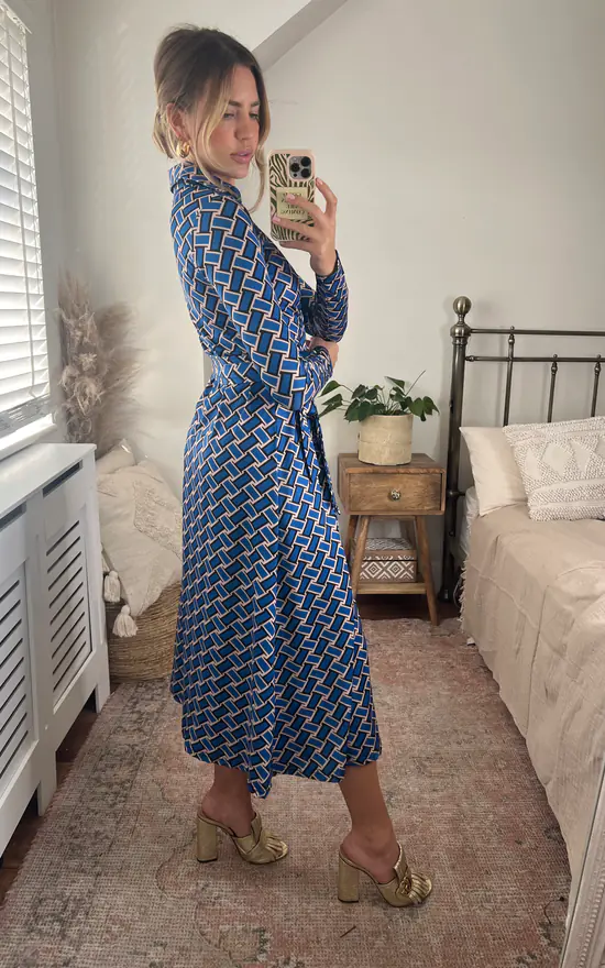Midi Wrap Dress In Blue Print - Image 4
