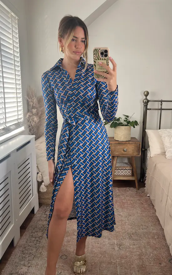 Midi Wrap Dress In Blue Print - Image 2