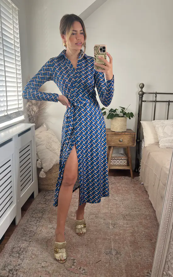 Midi Wrap Dress In Blue Print - Image 3