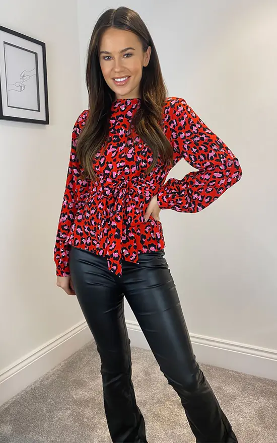 Kristen Tie Waist Top Red/Pink Leopard Print - Image 2