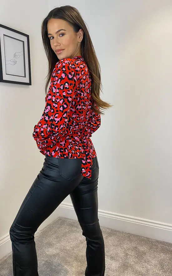 Kristen Tie Waist Top Red/Pink Leopard Print - Image 4